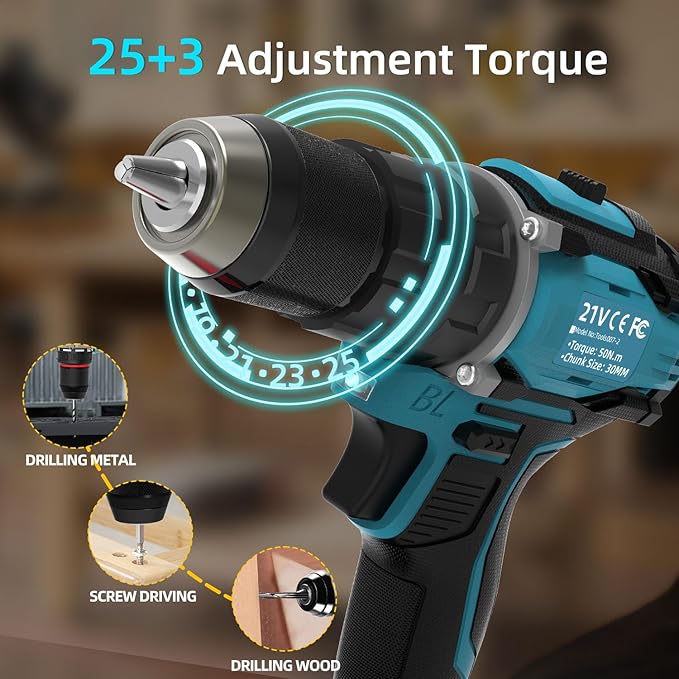 21V Cordless Power Drill/Driver Set, 80Nm Max Torque with 2 Batteries & Charger, 1/2 Inch Keyless Chuck, 3 Modes & 25 Position Torque Adjustment, 29Pcs Accessories for Home Use