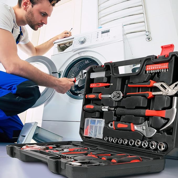 Yougfin 120 Piece Tool Set General Household Hand Kit with Plastic Toolbox Storage Case Red & Black