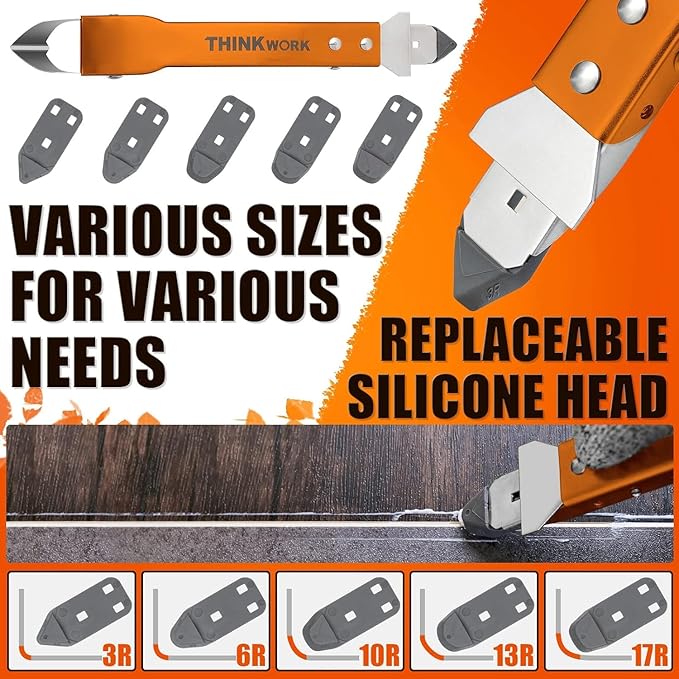 THINKWORK Caulking Tool Kit, 4 in 1 Caulk Remover Tool, Stainless Steel Caulk Tool for Kitchen Bathroom Window Sink Tile Joint, Orange