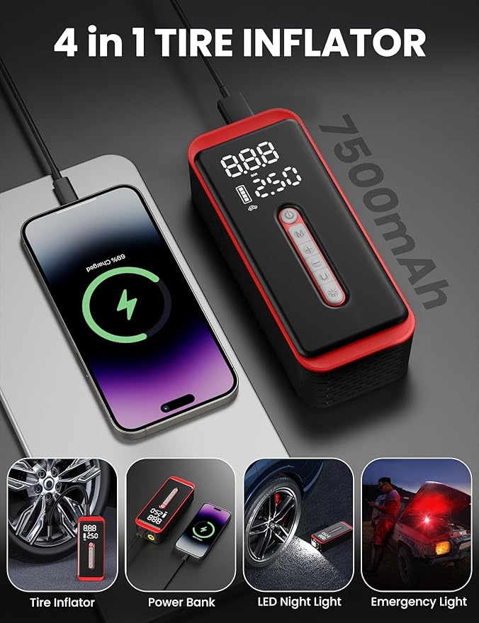 ROTOPATA Electric Tire Inflator Portable Air Compressor 12V DC, 150PSI Cordless Air Pump with LED Light & Digital Pressure Gauge for Car Bike Motorcycle Wheel Ball Inflatable(Red)