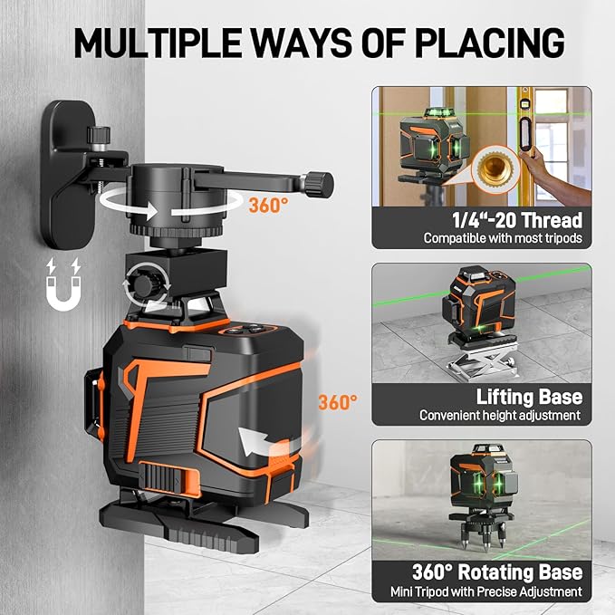 Laser Level 360 Self Leveling Green Light Laser Level Tool Wall Mount Base Bracket 100ft Nivel Laser Rechargeable Battery Receiver for Outdoor Use,4D 4x360