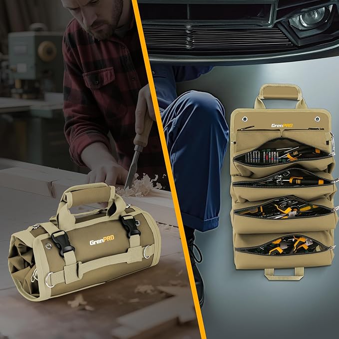Premium Tool Bag Roll Up, Tool Roll Portable Foldable Tool Storage with 2 Detachable Pouches, Soft Rollable Tool Pouch for Mechanics, Electricians, DIY, Gifts for Dad, Men Birthday Gift, Khaki