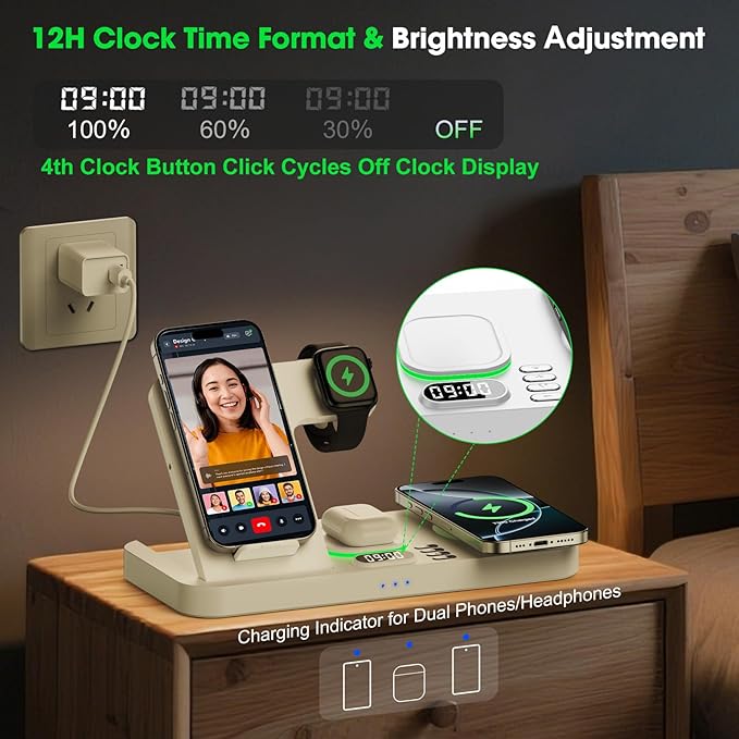 Dual Phone Wireless Charging Station for Apple Devices, Magnetic Charging Station for iPhone with Auto Switch 7-Color Light&Clock, Family Watch Charger for iPhone17 for iWatch10 for AirPods Pro3(White