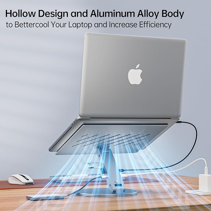 Adjustable Laptop Stand with 6-in-1 USB C Docking Station, 360° Rotatable, 4K HDMI, USB3.0, PD100W, Compatible with 12-16 inch MacBook, Dell, Surface