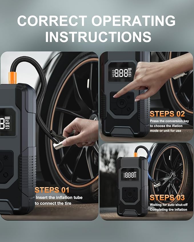 Tire Inflator Portable Air Compressor - 4X Faster Inflation Cordless Mini Air Pump with Digital Pressure Gauge with Digital Pressure Gauge/LED Light Portable Tire Inflator for Car/Moto/Bike/Ball etc.
