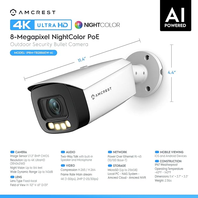 Amcrest 4K AI Bullet IP PoE Camera, 4K@30fps, 164ft Night Color Vision, Security IP Camera Outdoor, Face Detection, Human & Vehicle Detection, Built-in Siren Alarm, Built in Mic IP8M-TB2886EW-AI