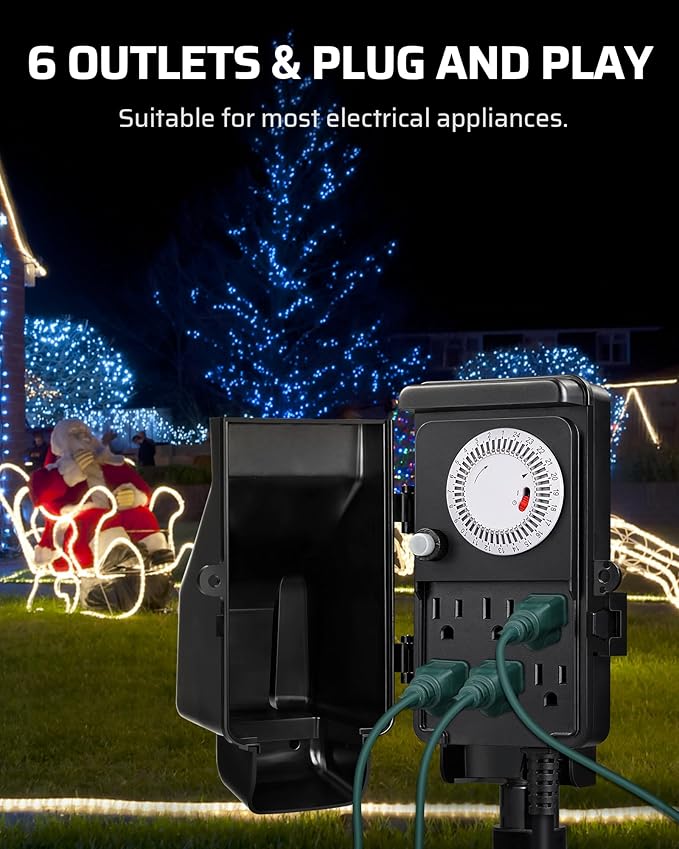 DEWENWILS Outdoor Mechanical Power Strip Timer, 24 Hour Multi Socket, Waterproof 6 Outlet Garden Power Stake, 6 ft Cord, 1800W/15A Heavy Duty, for Lights, Yard, Garden
