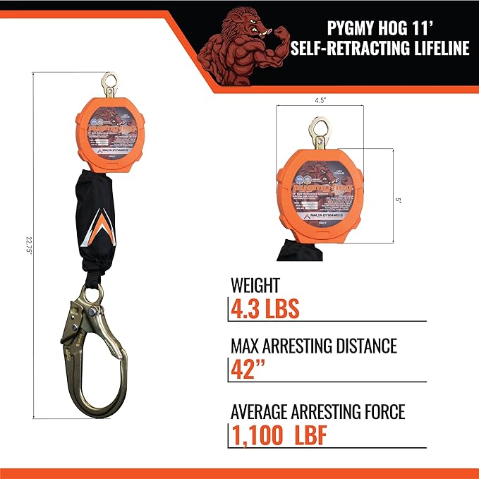 Malta Dynamics Pygmy Hog 11-Foot Self-Retracting Lifeline (SRL) – OSHA & ANSI Compliant Fall Protection Retractable Lanyard with Rebar Hook – Class 1-P, Lightweight, Durable, 310 Pound Capacity