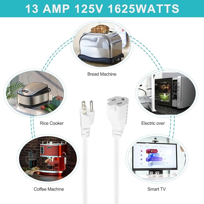 SPARKING 1 Foot Short Extension Cord - 12in White AC Mini Indoor 3 Prong Extension Cord,Single Outlet Saver Electrical 16AWG 125V 13Amp Small Short Grounded Appliance Power Extension Cord [5 Pack]