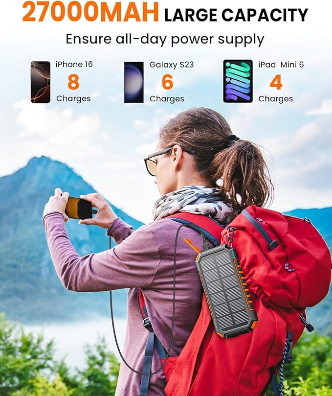 Riapow Solar Charger Power Bank: 27000mAh Wireless Portable Charger Built-in Cables - 22.5W Fast Charging Battery Bank with USB C - PD QC3.0 External Battery Pack for Phone - 2 Flashlights for Outdoor