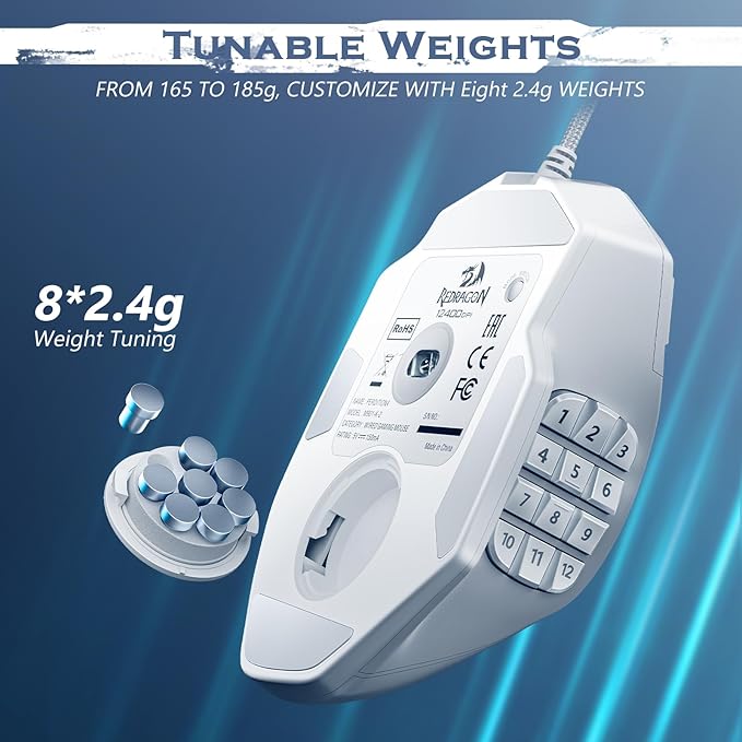 Redragon Gaming Mouse, MMO Gaming Mouse UP 12400 DPI, 19 Macro Programmable Buttons, RGB Mouse with 12 Side Buttons, 8 * 2.4g Weight Tuning for PC Laptop MOBA FPS, White
