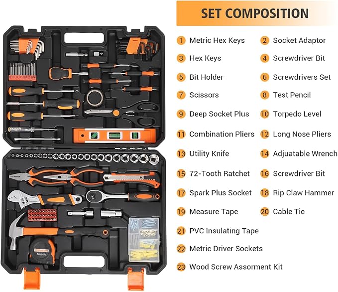 247 Piece Home Repair Tool Kit, General Household Home Repair Tool Set, General Mechanic Hand Tool Set, Household Tool Kit with Plastic Toolbox Storage Case, Perfect for Homeowner, Diyer, Handyman