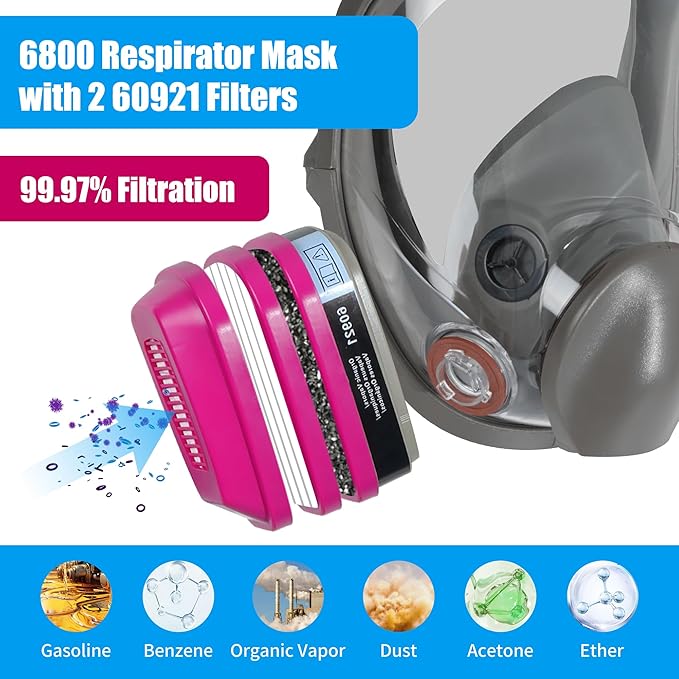 Full Face Gas Respirator Mask with 60921 Filters - Ideal for Protection Against Gases Dust Organic Vapors Spray Sanding welding 6800