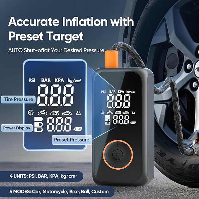 Tire Inflator Portable Air Compressor, Cordless Mini Portable Air Pump with Rechargeable Battery, 5X Faster Inflator with Digital Pressure Gauge Auto Shut-Off for Car, Motorcycle, Bike, Ball(Orange)