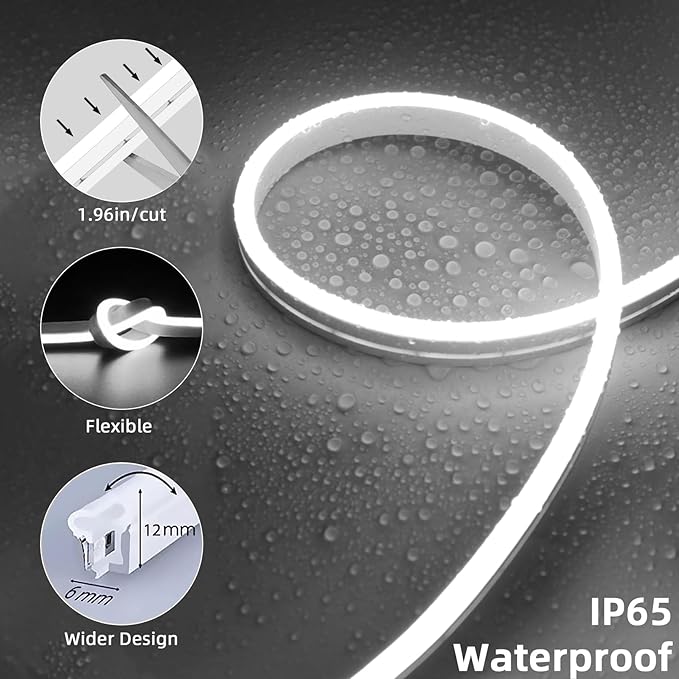 Lamomo Neon Rope Lights, 49.2ft White IP65 Waterproof LED Strip Lights, 24V 6000K Silicone 1800 LEDs Neon Lights for Indoor, Bedroom, Living Room