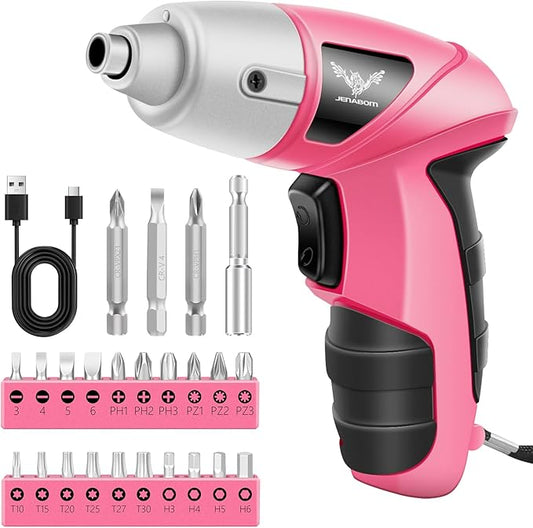 Cordless Screwdriver Rechargeable, Electric Screwdriver Cordless 24pcs, USB Small Power Screwdriver Set with LED light for Women, Pink