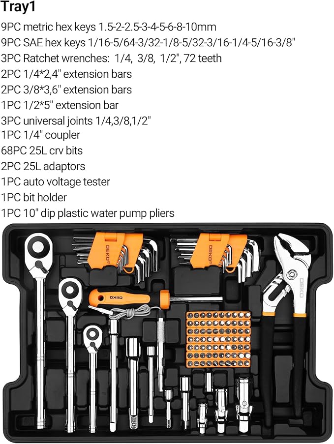 Mechanics Tool Set：DEKOPRO Mechanic Hand Tools Kit and Socket Sets, SAE and Metric, 1/2, 1/4, 3/8 Inch Ratchet Wrench, 234-Piece, Auto Tool Box Set for Car and Home Repair