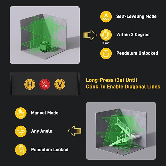 Laser Level, MrToNo 4 x 360°Self Leveling Laser Level, 16 Lines 4D Laser Measuring Tool Green Lazer Leve, for Construction, Ceiling, Tiling, Framing, Home Renovation, Picture Hanging (Silver)