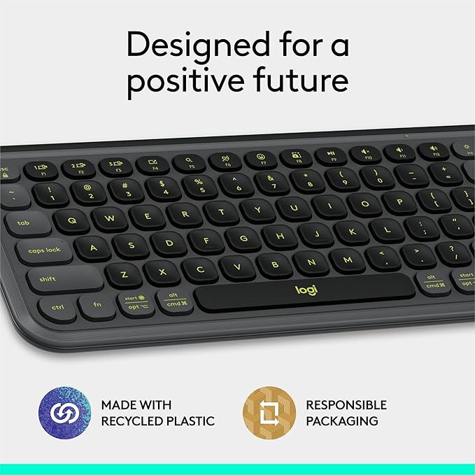 Logitech POP ICON Keys Wireless Bluetooth Keyboard, Comfortable Typing, Programmable Keys, Easy-Switch Between up to 3 Devices, for Laptop, Tablet, PC – Graphite and Green