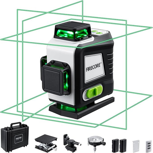 Firecore 4 x 360 Laser Level Self Leveling, 16 Lines Green Beam 4D Cross Line Tiling Floor Tool, 3 Gear Brightness Adjustment/Pulse Mode for Construction, 2 Li-ion Batteries, Remote Control included