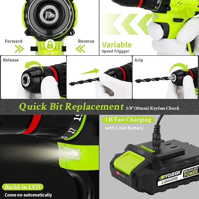 Home Tool Set with Brushless Drill, 20V 119PCS Cordless Drill Tool Box with Battery, Tool Kit with Drill for Men & Woman, 24+1 Keyless Metal Chuck Brushless Drill Set for Household Repair Kit