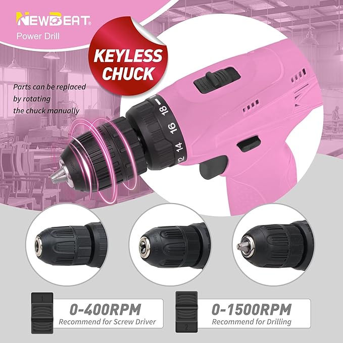 NEWBEAT Pink Cordless Drill Set - 12V Power Drill Cordless with Battery and Charger for Home Improvement, 3/8" Keyless Chuck, 2 Variable Speed, Electric Power Tools for Women DIY