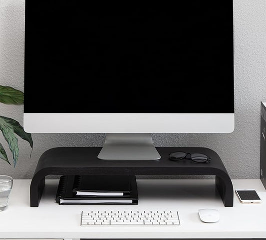 Anji Mountain Wood Monitor Stand Riser Desk Desktop Organizer Table for Home, Office Workspace, Laptop Riser, Ergonomic Design Stand for Gaming Setup, Black