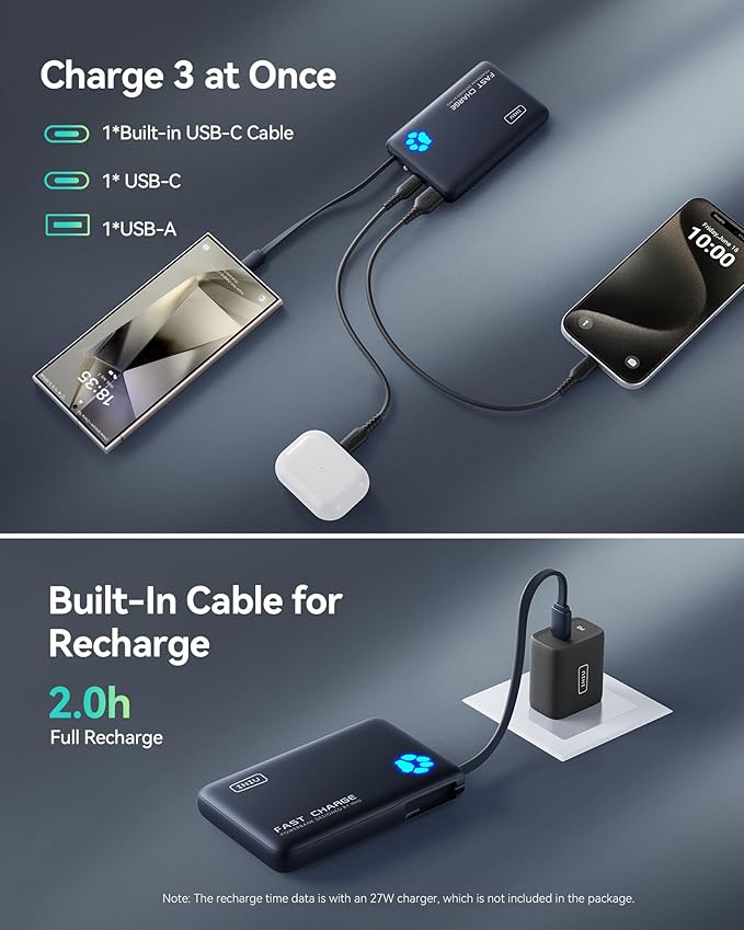 INIU PawGo Portable Charger, 45W PD 10000mAh Fast Charging Slim Power Bank, Built-in USB C Cable Battery Pack, Travel Essentials Powerbank for iPhone 16/15 Pro Max, Samsung S25/S24 etc, Sunset Burst