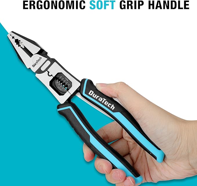 DURATECH 3PCS Pliers Set, Large 6 in 1 Multifunctional Wire Stripper Crimper Cutter, 8.5" Long Nose Pliers, 8.5" Linesman Pliers, 8" Diagonal Side Cutting