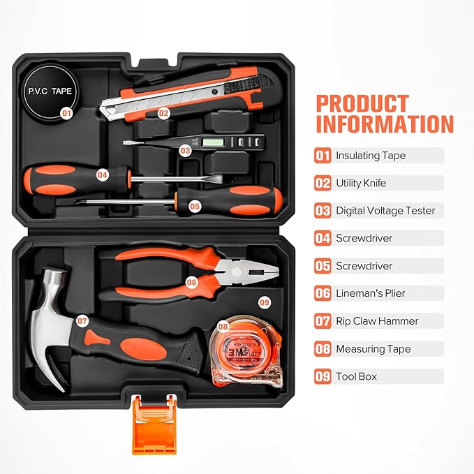 9 Piece Tool Kit for Home, Small Tool Sets for Men, Women, Mini Hand Tools with Plastic Tool box, Ideal for Household, Repair
