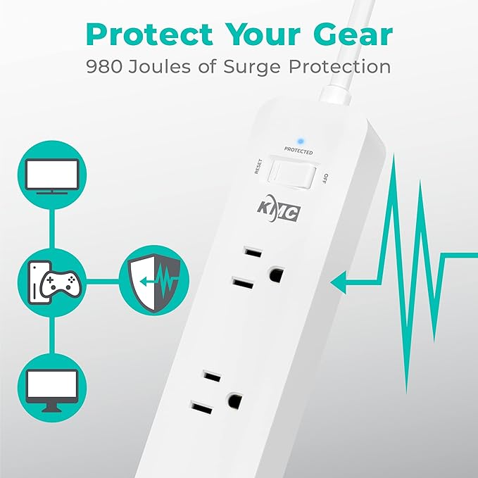 KMC USB-C PD Surge Protector 3-Outlet Power Strip 2-Pack, 30W Power Delivery USB-C Port, 2 USB-A Ports, 980J Surge Protection, 6-Foot Extension Cord, White