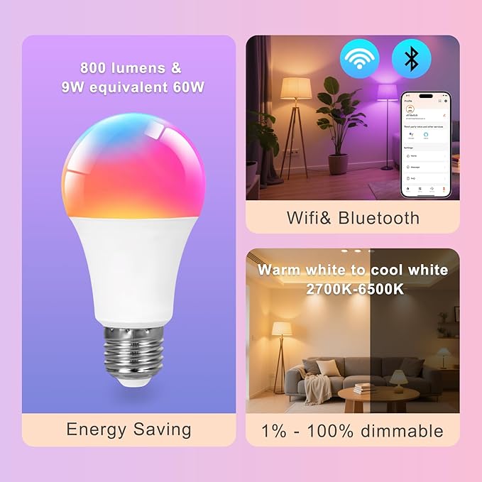 Smart Light Bulbs, WiFi & Bluetooth Light Bulb, Work With Alexa and Google Home, A19 E26 RGBCW LED Color Changing Light Bulb, 16 Million Colors, Dimmable 2700K-6500K, 9W(60W), 800 Lumens 4 Pack
