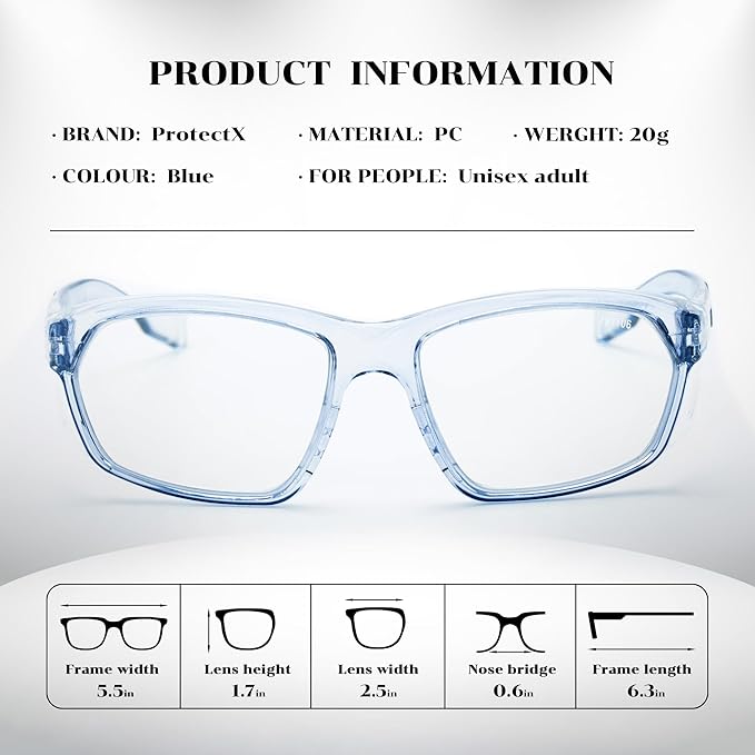 ProtectX Stylish Anti-Fog & Scratch-Resistant Safety Glasses, UV Protection Goggles, Anti-Impact Lightweight Glasses for Men＆Women Clear Blue
