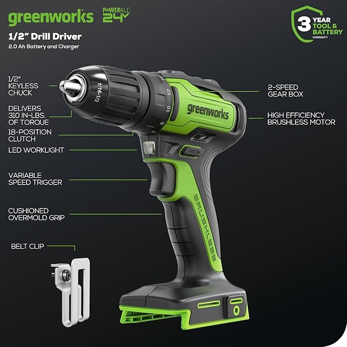 Greenworks 24V Brushless 5 pcs Cordless Power Tool Combo Kit, include Drill Driver, Circular Saw, Jigsaw, Wood Router, Sander, 2 x 2Ah Batteries and Charger