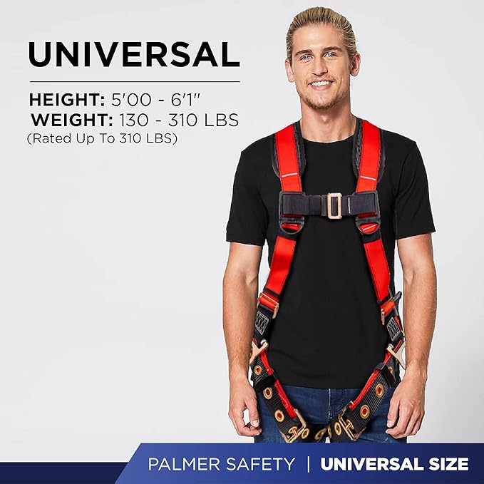Palmer Safety Full Body Harness with 5 Point Adjustment, Dorsal D-ring, Grommet Legs, Two Side D Rings, and Fall Indicators