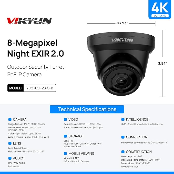 VIKYLIN 4K 8MP PoE IP Camera Outdoor, 4K PoE Turret Security Camera with Human Vehicle Detection, 2.8mm Lens, 98ft EXIR2.0 Night Vision,Built-in Mic, WDR, IP67, Blue Iris, NDAA Compliant, Black