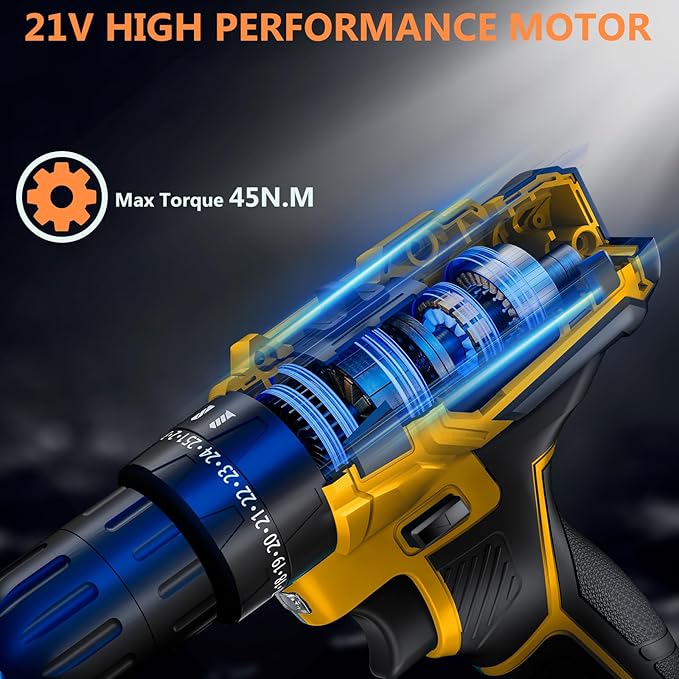 Cordless Drill with 2 Batteries and Charger, 21V Electric Drill Cordless, Portable Power drill Set, 3/8" Keyless Chuck, 2 Variable Speed, 25+ 3 Clutch, 398 In-lb Max Torque
