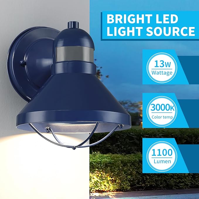 LONEDRUID Motion Sensor Outdoor LED Wall Sconce Dusk to Dawn Exterior Barn Lighting Fixtures Blue Outside Porch Light Waterproof Farmhouse Wall Mount Lamp for House Garage Entryway