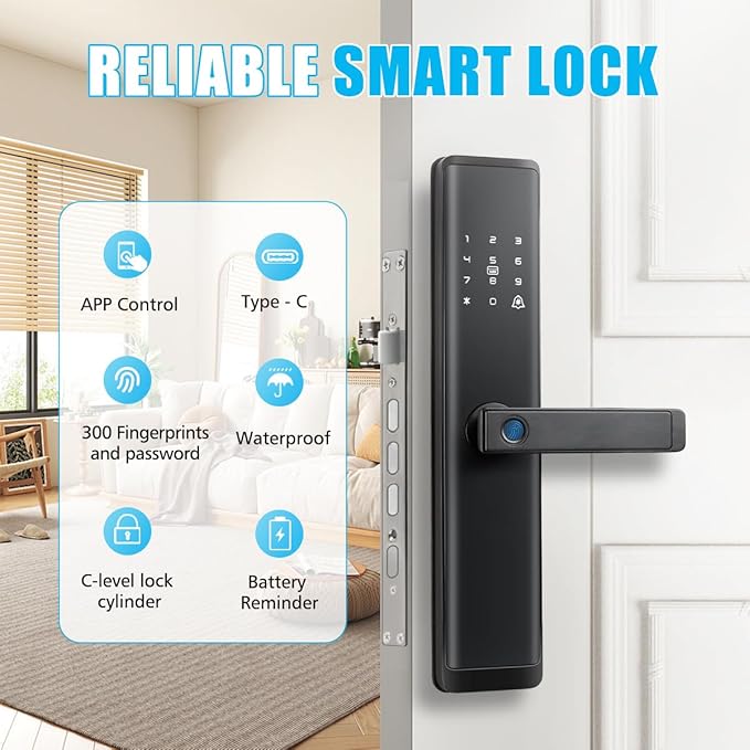 WiFi Smart Door Lock with Handles, Alarm & Keypad Entry, Auto Lock & One Touch Unlock