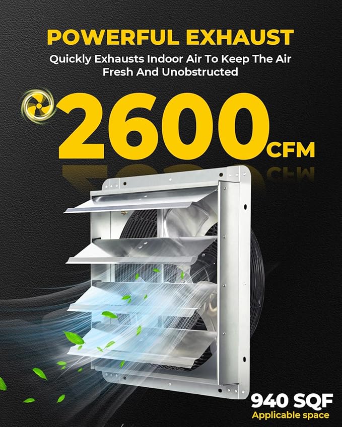 VENTISOL 18 Inch Shutter Exhaust Fan, Ven Fan with Power Cord Wall Mount, High Speed 2,500 CFM for Garages, Attic, Shops, Greenhouse