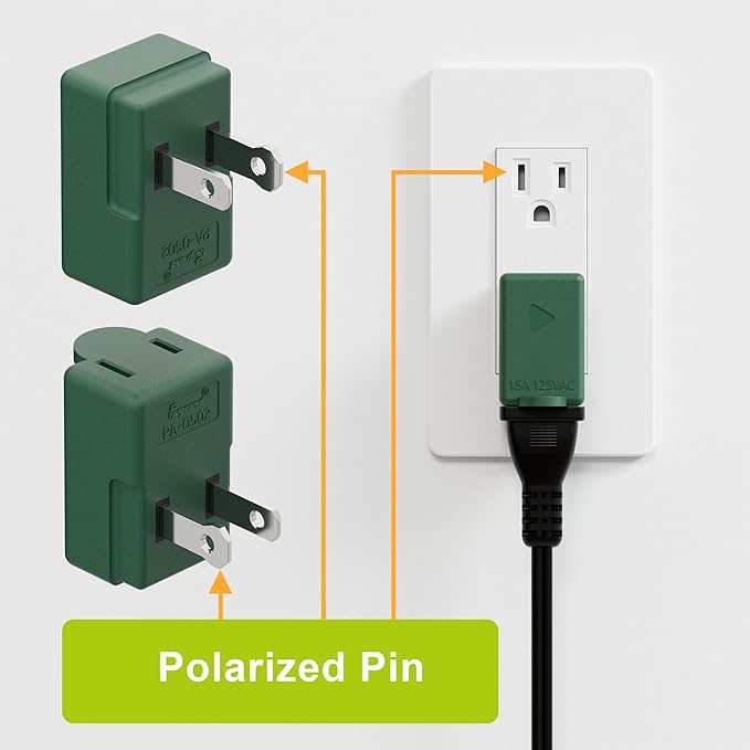 Right Angle Adapter,2-Prong 90 Degree Downward Angled AC Adapter, Polarized 2-Prong L Type Adapter, Vertical Right Angled Down Angle Power Adapter, PA-0502G Green Color