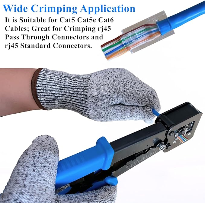rj45 Crimping Tool for Cat6 Cat5e Cat5, Sturdy Crimper for rj45 rj12/11 Pass-Through Connectors with 50pcs rj45 Cat5e Pass-Through Connectors, 50pcs Covers, Wire Stripper; Network Cable Tester