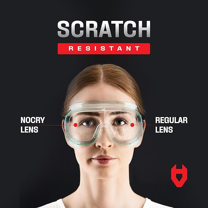 NoCry Protective Safety Lab Goggles Over Glasses with Anti-Fog Coating, Clear Scratch-Resistant Lenses, 100% UV Protection, Universal Fit, Vented, ANSI Z87.1 Rated Safety Goggles for Men and Women