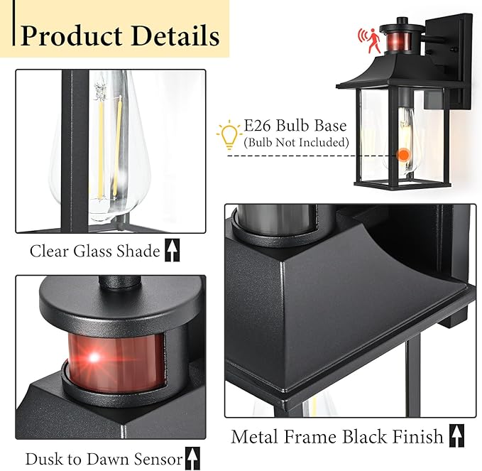 Porch Lights with Motion Sensor - Dusk to Dawn Outdoor Wall Lights, Exterior Motion Lights for House, Patio - 2Pack