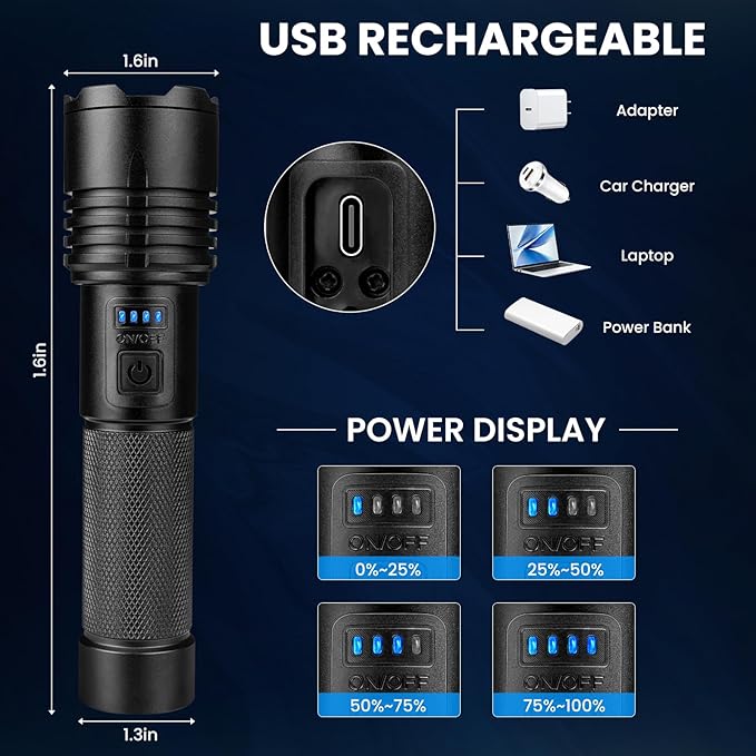 3 Pack Rechargeable Flashlights High Lumens, 90,000 Lumen Super Bright Led Flashlight with Adjustable 3 Modes & Power Display, Brightest Handheld Waterproof Flash Lights for Home Camping Hiking