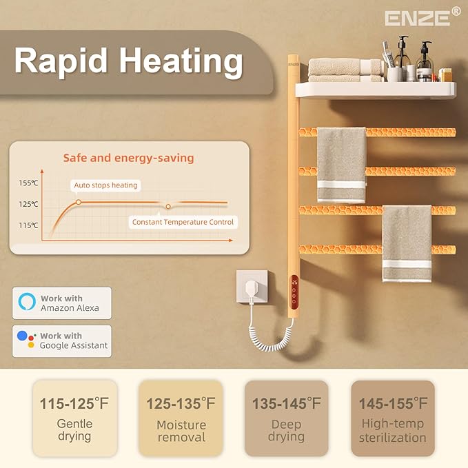ENZE Smart Rotating Heated Towel Rack for Bathroom, Wall-Mounted Electric Towel Dryer with Swivel Bars & Shelf, Smart Timer, Low Carbon Steel, Plug-in/Hardwired, Towel Warmer with Wi-Fi App Control