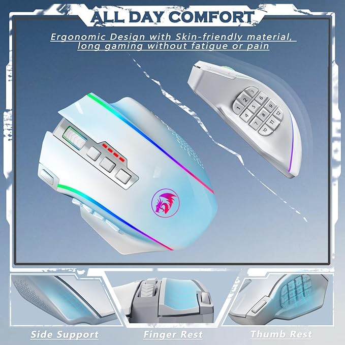 Redragon Wireless Gaming Mouse, MMO Gaming Mouse UP 16,000 DPI, 16 Macro Programmable Buttons, RGB Rechargeable Mouse with 12 Side Buttons, 70Hrs for PC Laptop MOBA FPS, White,M901P-WS