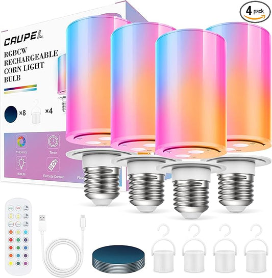 10000mAh Rechargeable Led Corn Light Bulb,Battery Operated Light Bulb with Remote Control, E26, 60W Equivalent, 800Lum, 3 Color Temperatures, 12 RGB, Emergency Lamp, 4PC