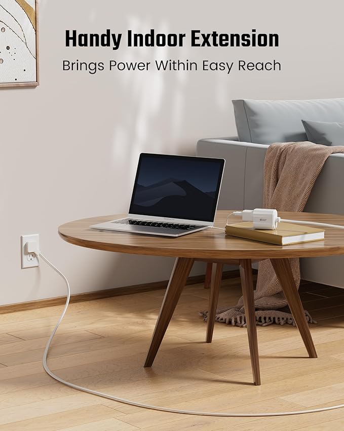 Extension Cord 15ft SUPERDANNY Mini Power Strip Ultra Right Angled Flat Plug for Tight Spaces,Indoor Extension with 3 Outlets,for Office Home Appliances,Non Surge Protector for Travel Cruise,White