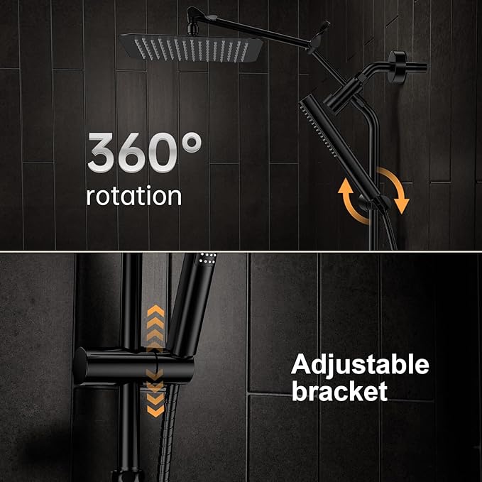 Veken 10" Luxurious All Metal Rain Shower Head with Handheld Spray Combo, High Pressure Rainfall Square Shower Heads with Extension Arm, Wide Dual Showerhead, Bathroom Accessories, Matte Black